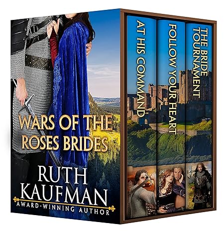Cover of trilogy of novels At His Command, Follow Your Heart, The Bride Tournament featuring a knight in chain mail holding a sword in one hand with his other arm around a woman in a blue velvet cape with a hood, a blue sky and views of a castle in the distance.
